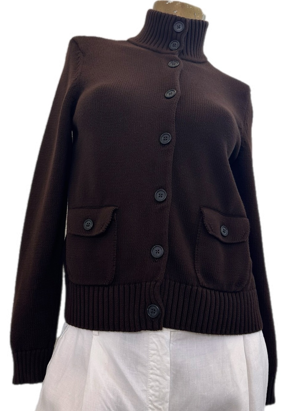 Vintage Lauren Ralph Lauren Petite Brown Cotton Knit Sweater Jacket Mock Neck PM